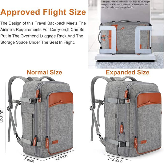 Lumesner Carry on Travel Backpacks, Extra Large 40L Flight Approved Bag for Men & Women,Expandable Suitcase Backpack With 4 Packing Cubes,Water Resistant Luggage Daypack Business Weekender Bag, Grey
