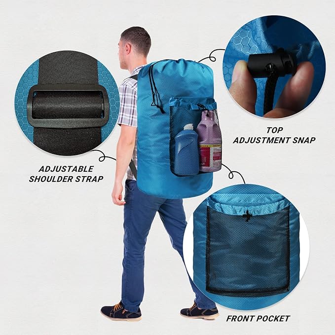 Laundry Bag with Shoulder Straps and Mesh Pocket Laundry Backpack Large Portable Laundry Hamper for College Laundromat Apartment (Light Blue)