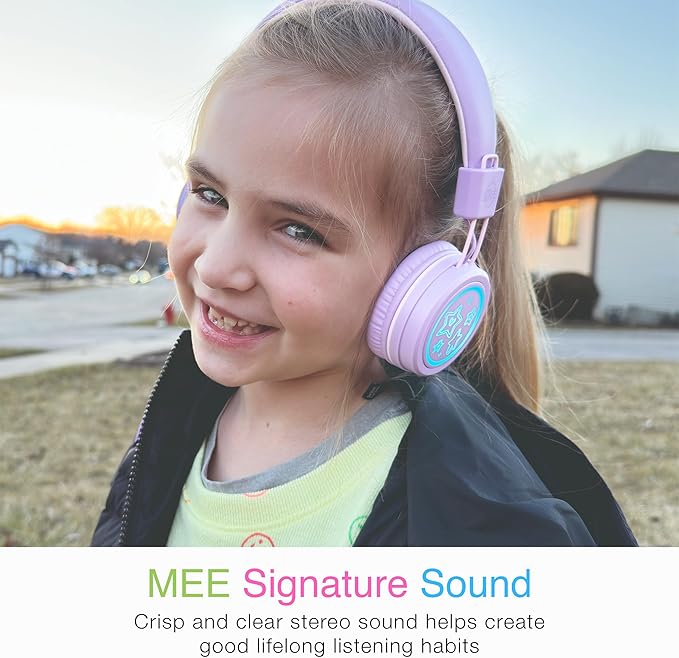 MEE Audio KidJamz KJ55 Safe Listening USB-C Headphones for Children with Multicolor LED Lights, Volume Limiter, & Mic; On-Ear Wired Headset for iPhone 16, iPad, & USB Type C Devices (Lavender)