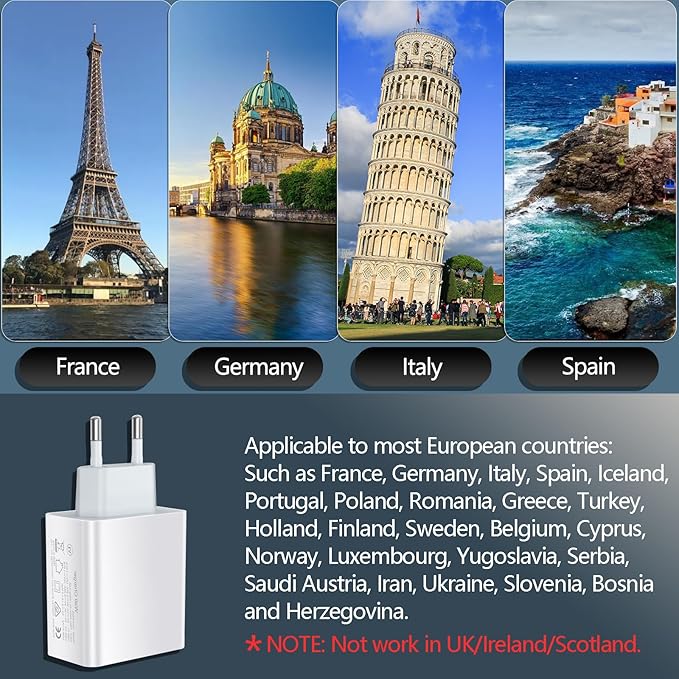 European USB C Charger 2 Pack, 55W European Travel Plug Adapter 4-Port Fast Charger Type C Wall Charger USA to Europe Plug Adaptor for iPhone 17 16 15 14 13 12 11 Pro Max X 8, Galaxy, Android