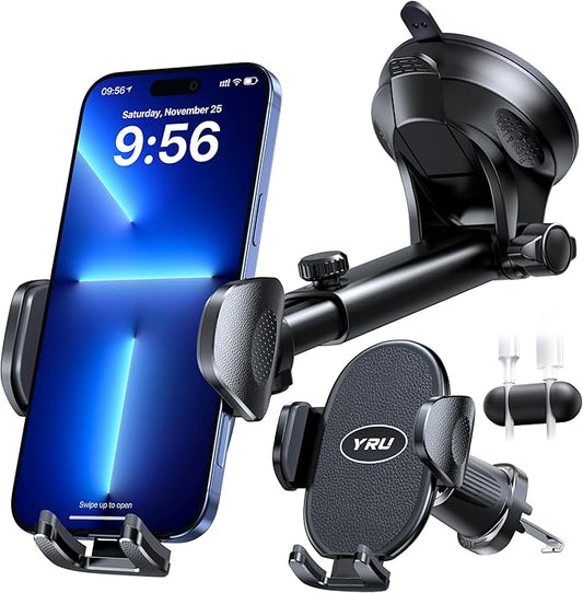 YRU [2025 Upgraded Universal Car Phone Holder Mount【360°Rotatable & Strong Suction】 Cell Phone Car Dashboard Windshield Phone Holder Dash Vent Stand for iPhone 17 16 Pro Max Samsung Truck, Black