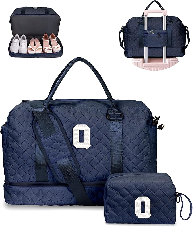 Vogewood Bags for Women College Gifts-Initial Duffle Bag with Shoe Compartment, Weekender Bag, Monogram Overnight Bag, Letter Travel Bag with Makeup Bag, Bachelorette Gifts for Bride (Letter Q)