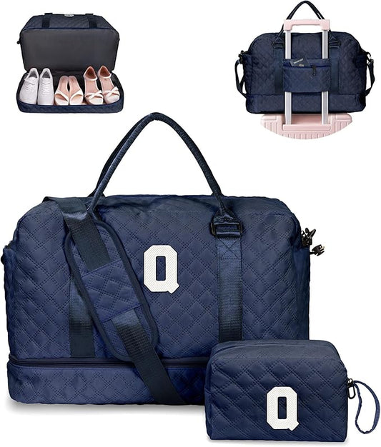 Vogewood Bags for Women College Gifts-Initial Duffle Bag with Shoe Compartment, Weekender Bag, Monogram Overnight Bag, Letter Travel Bag with Makeup Bag, Bachelorette Gifts for Bride (Letter Q)