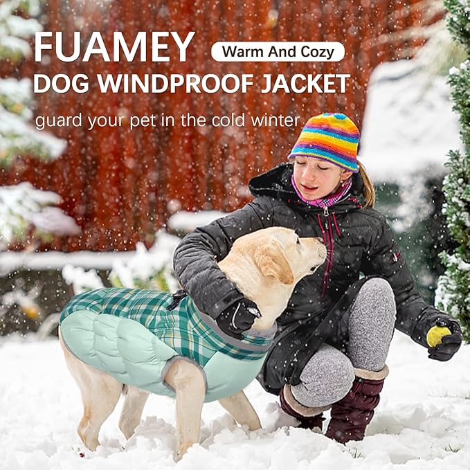 FUAMEY Dog Coat for Large Dogs,Waterproof Dog Winter Jacket with Harness Built in Puppy Cold Weather Coats Reflective Pet Vest with Zipper Warm Fleece Dogs Snowsuit Windproof Green Plaid XXL