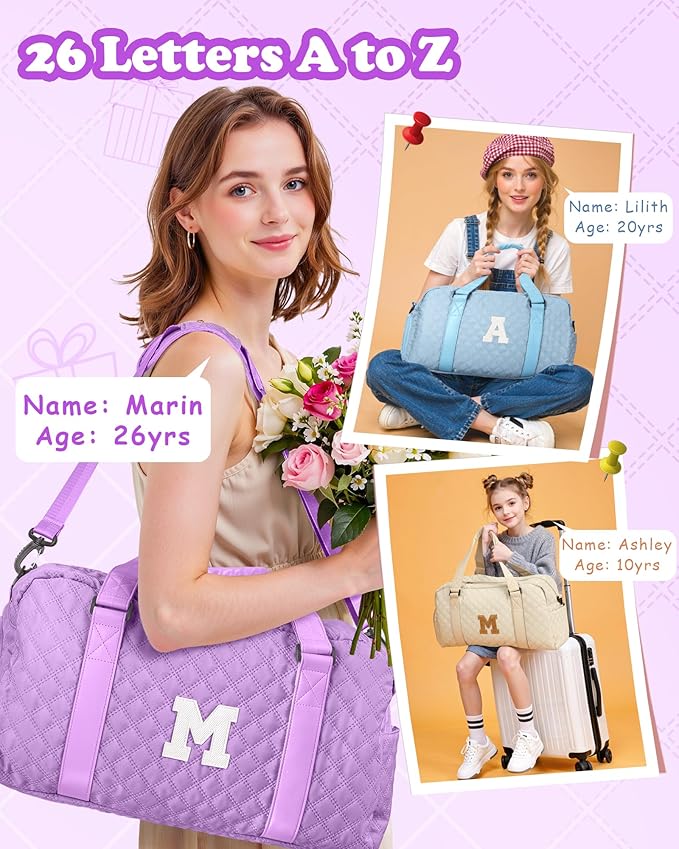 Elilier Initial Travel Duffle Bag Women Girls Gift: Personalized Weekender bags, Dance Cheer bag Sports for Girl, Kid Gymnastics Bags, Birthday Gifts for Women Girls Kids Teens Mom Teacher