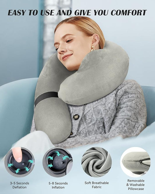 Inflatable Neck Pillow for Travel, Travel Pillow Support Head and Neck, Travel Neck Pillow for Airplane,Train,Car,Office,Home,Washable Cover (Grey)