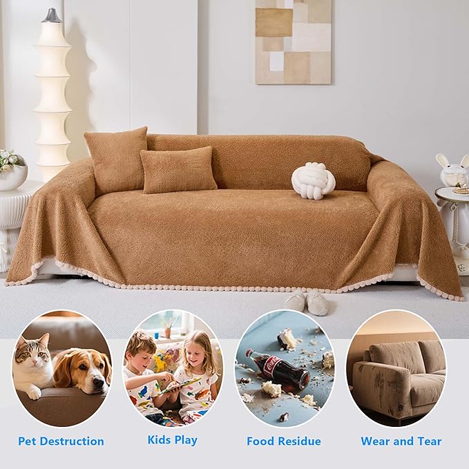 Sherpa Fleece Couch Cover for 2 Cushion Sofa, Brown, 71" x 118" – Pet Proof Sofa Covers, Heavy Duty, Scratch Resistant, Pet Friendly Furniture Cover – Easy Install, Machine Washable