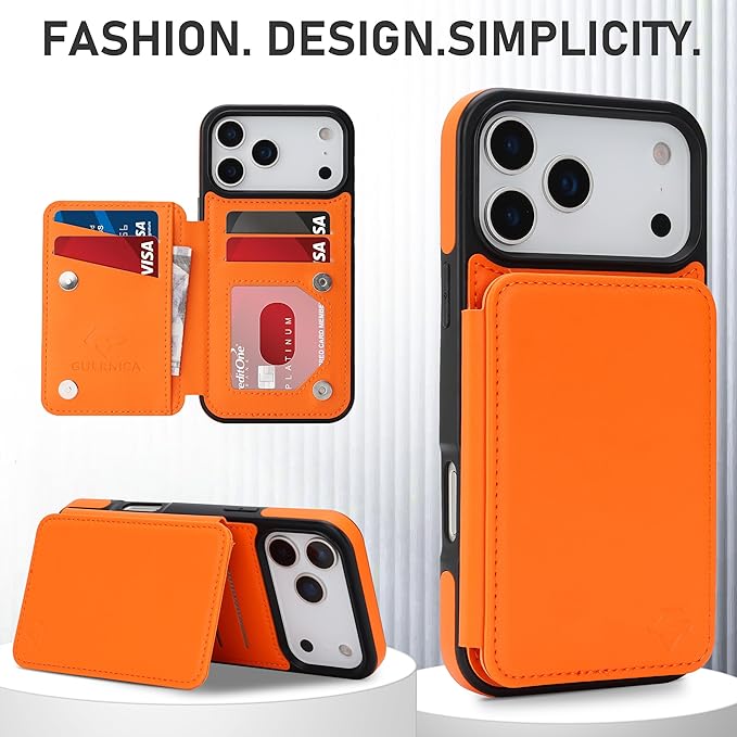 GUERNICA for iPhone 17 Pro Max (6.9") Case Wallet with Card Holder, RFID Blocking Leather Protection, Shockproof Women Men Phone Case for Apple 17 Pro Max, Orange