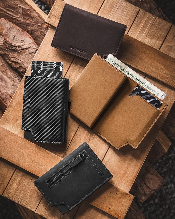 DUGRAFT Bifold Pop Up Wallet for Men, Slim Leather Credit Card Holder with Zipper Minimalist Women Magnetic Cash Coins Pocket Wallets RFID Blocking(CF Black)