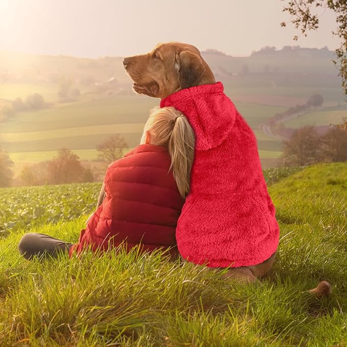 5XL Dog Sweaters for Large Dogs,Extra-Large Dog Hoodie,Warm Fuzzy Fleece Sweatshirt with Hood & Pocket,Leash Hole,Cozy Cold Weather Pet Clothes Sweater Hoodie for Large Dogs(Red,5XL)