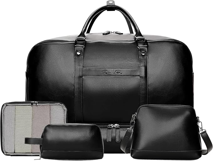 4PCS Leather Duffle Bags, Weekender Bag for Women Men, Large Travel Duffel-Overnight Bag with Toiletry, Makeup, Shoulder Bag, Faux Leather Carry On with Shoe Compartment (Black)