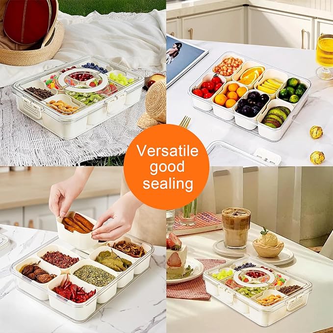Snackle Box Container, Divided Serving Tray with Lid and Handle, 8 Compartment Portable Snack Box Containers, Clear Storage Organizer for Fruit Candy Nuts Veggie, Perfect for Road Travel Party