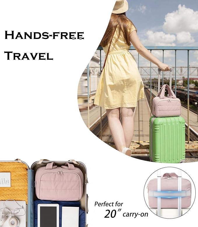 Travel Toiletry Bag for Women, Large Wide-open Puffy Cosmetic Makeup Bag with Wet-Dry Separation, Multi-Pocket Organizer with Carry Handle for Toiletries, Cosmetics, Essentials, Light Pink