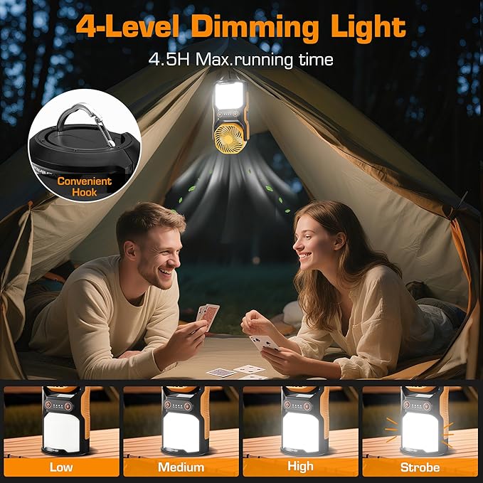 EVERBRITE Rechargeable Camping Lantern with Fan- 4400mAh Power Bank, Camping Fan with 3 Fan Speeds, Portable 1000LM Handheld Light with Hanging Hook for Summer Camping, Hiking, USB Cable Included