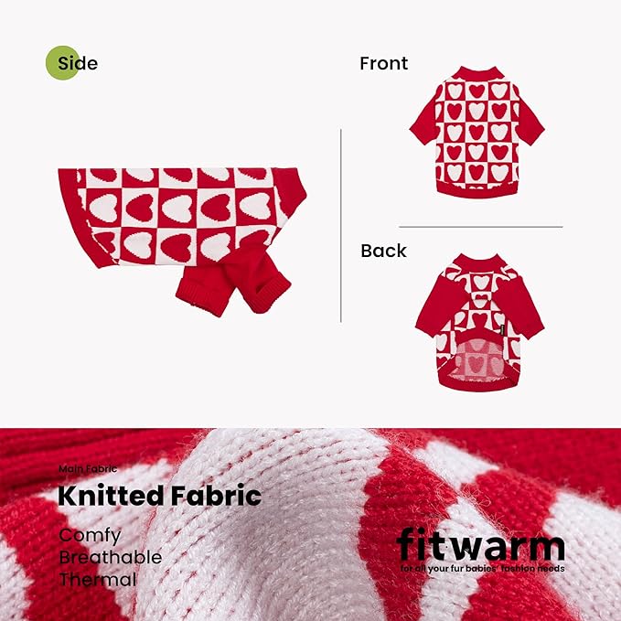 Fitwarm Checkered Heart Dog Sweater, Cozy Valentines Outfit for Small Dogs Girl, Festive Pet Clothes, Red, White, Medium