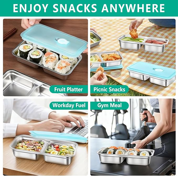 Dobyusf 8-Pack Stainless Steel Snack Containers with Silicone Lids - Dual-Compartment Breathable Food Storage, BPA-Free Reusable Container Set for Office, Travel, On-the-Go Lifestyle