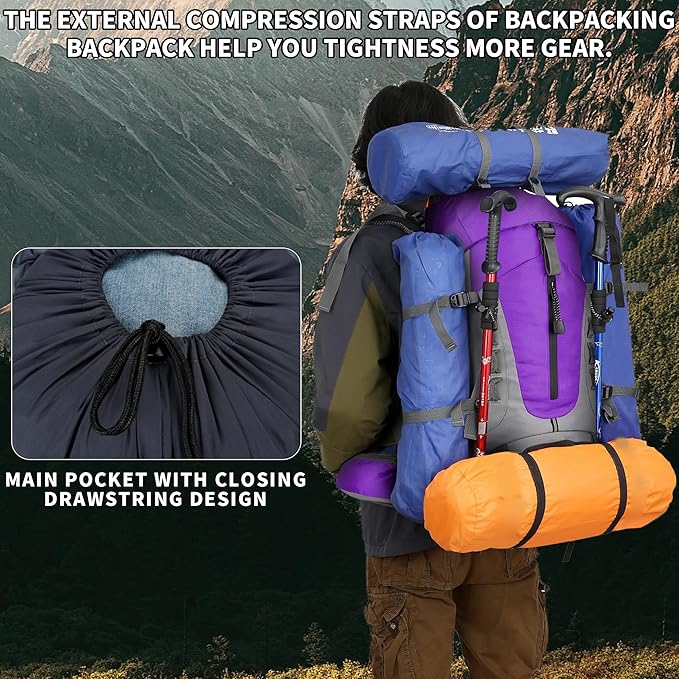 75L Hiking Backpack with Rain Cover Waterproof Camping Backpack Shoes Warehouse for Men Women, Frameless