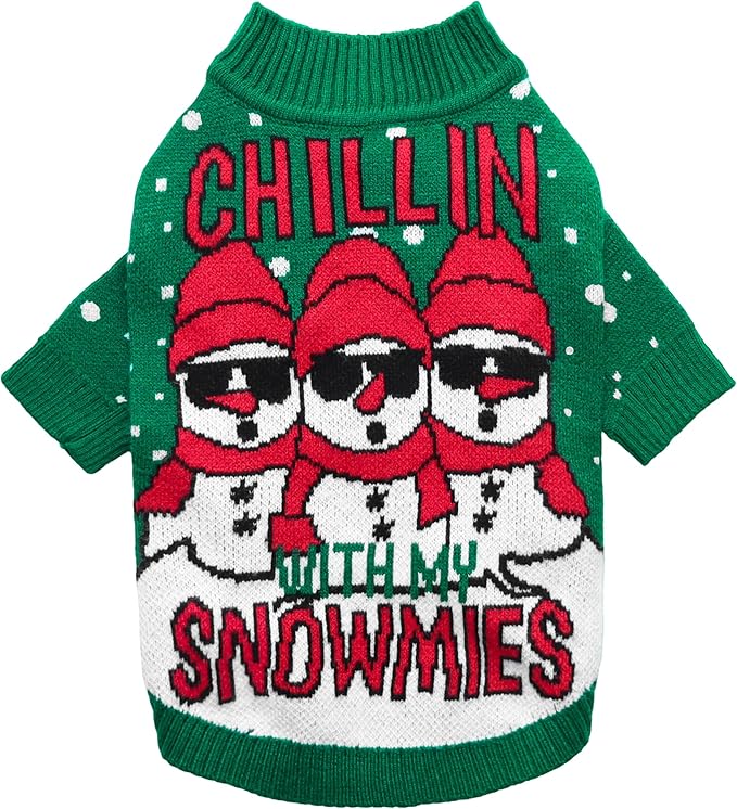 Fitwarm Chillin with My Snowmies Dog Ugly Christmas Sweater, Winter Dog Clothes for Small Dogs Girl Boy, Pet Holiday Sweatshirt, Xmas Snowman Outfit, Green, Red, White, Medium