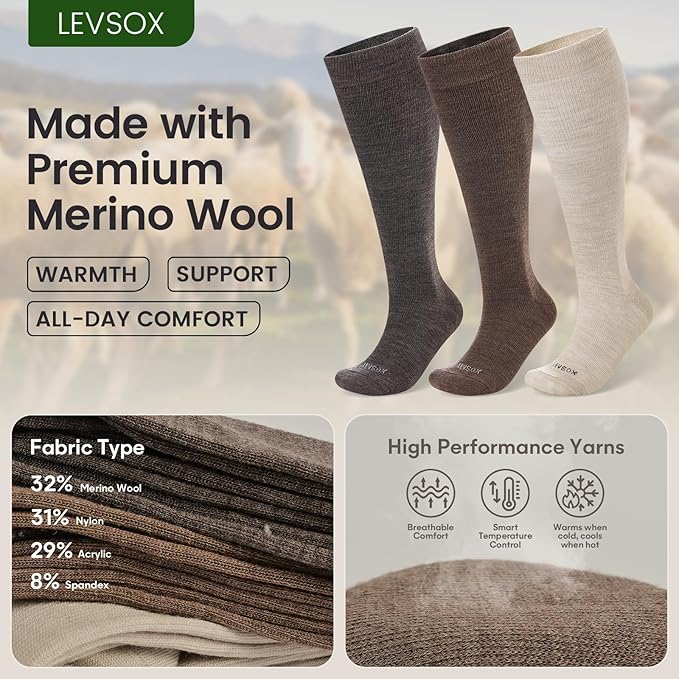 LEVSOX Merino Wool Compression Socks for Women & Men 20-30 mmHg Knee High Graduated Support Socks for Nurses Pregnancy Travel