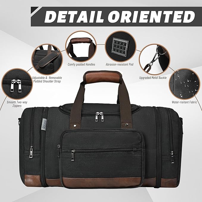 Wohlbege Duffle Bag for Travel,Overnight Weekend Gym Carry On Luggage Bag, 50L Canvas Travel Duffel Bag for Men Women, Expandable Spacious Travel Duffel Bag, Black