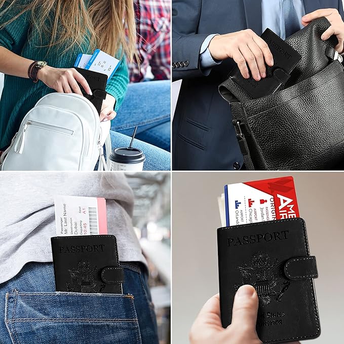 RSAquar Unisex Faux Leather Passport and Vaccine Card Holder Combo, Black, Slim and Lightweight with RFID Blocking Technology