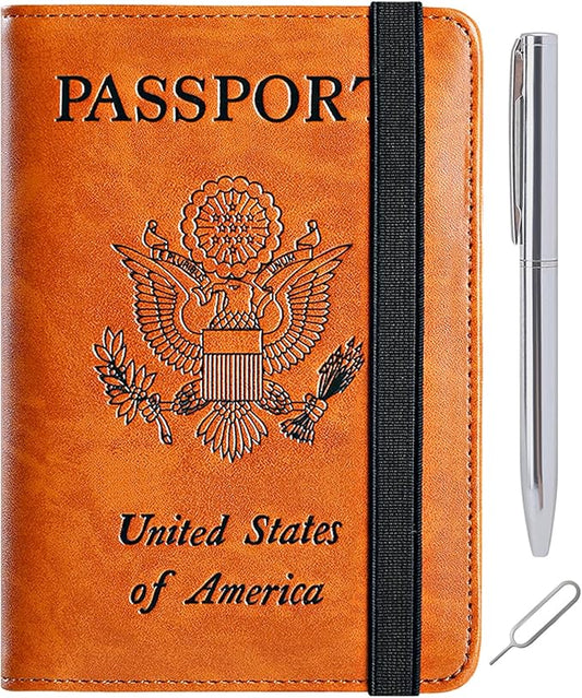 Passport Holder Cover Wallet Travel Essentials RFID Blocking Leather Card Case International Must Haves Travel Accessories for Women Men(113#Claybank)