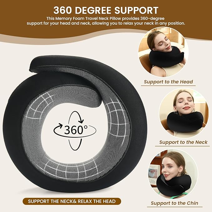 Neck Pillow, Travel Pillow uses Memory Foam to Support Neck Comfort, Ideal Companion for Airplane and car Travel, Compact, Convenient, and Versatile Airplane Sleep Pillow(Black)