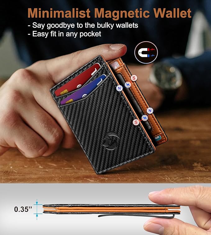 Housmai Magnetic Closure Slim Wallet with Money Clip Gift Boxed,Genuine Leather Front Pocket Wallet for Men, 3.9"x 2.9", RFID Blocking