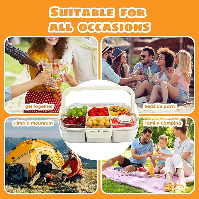 Divided Serving Tray with Lid and Handle, Portable Snackle Box Charcuterie Container,6 Compartments Snack Containers, Veggie Tray Fruit Tray Candy Organizer,Perfect for Party, Beach