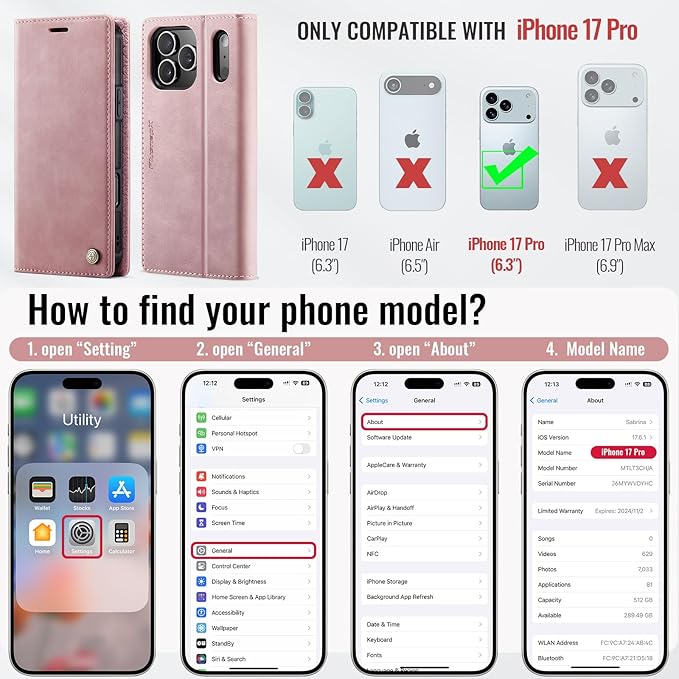 PlusnapX Wallet Case for iPhone 17 Pro Compatible with Magsafe, 2-in-1 PU Leather Flip RFID Blocking Card Holder Stand Shockproof Magnetic Detachable Cover for iPhone 17 Pro Case 6.3", Pink