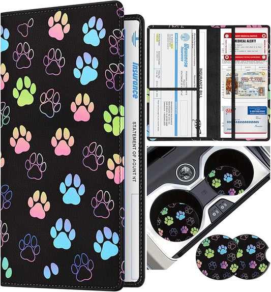 Slohif Car Registration and Insurance Card Holder with Magnetic Shut - Vehicle Glove Box Organizer Women Leather Automobile License Holders Coasters Auto Accessories Case for Document Paw Print