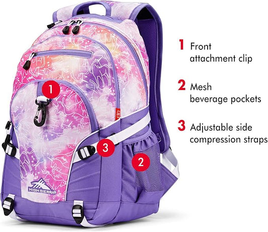 High Sierra Loop Backpack, Travel, or Work Bookbag with tablet sleeve, One Size, Unicorn Clouds/Lavender/White