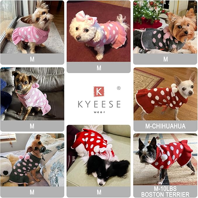 KYEESE Dog Sweaters for Girl Small Dogs with Leash Hole Turtleneck Red Dog Sweater Dress Polka Dot Knit Pullover Warm Pet Sweater