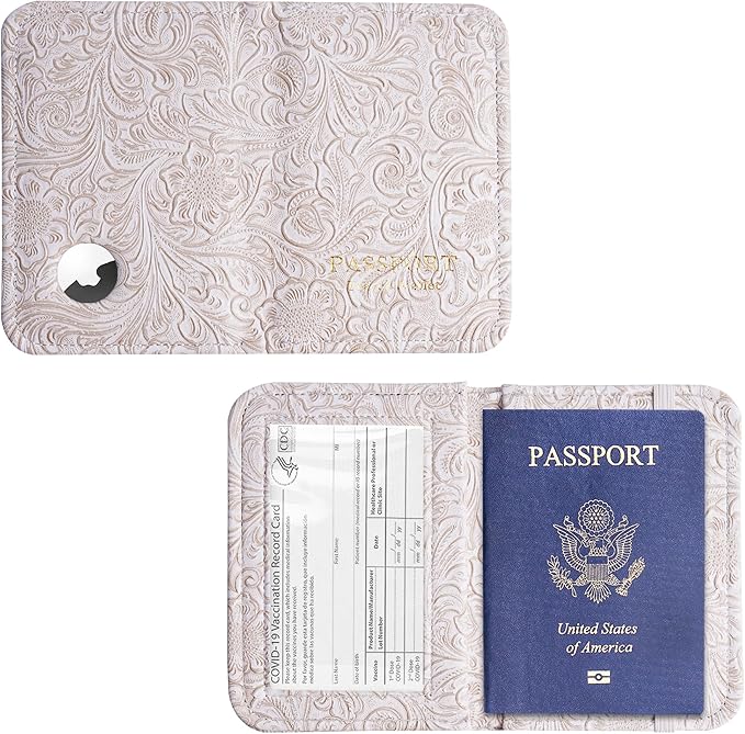 lizimandu Passport Holder with Airtag Slot, Airtag Passport Wallet for Men Women, Slim Leather Passport Holder Case Family for Travel Anti-Lost(1-Carved White)