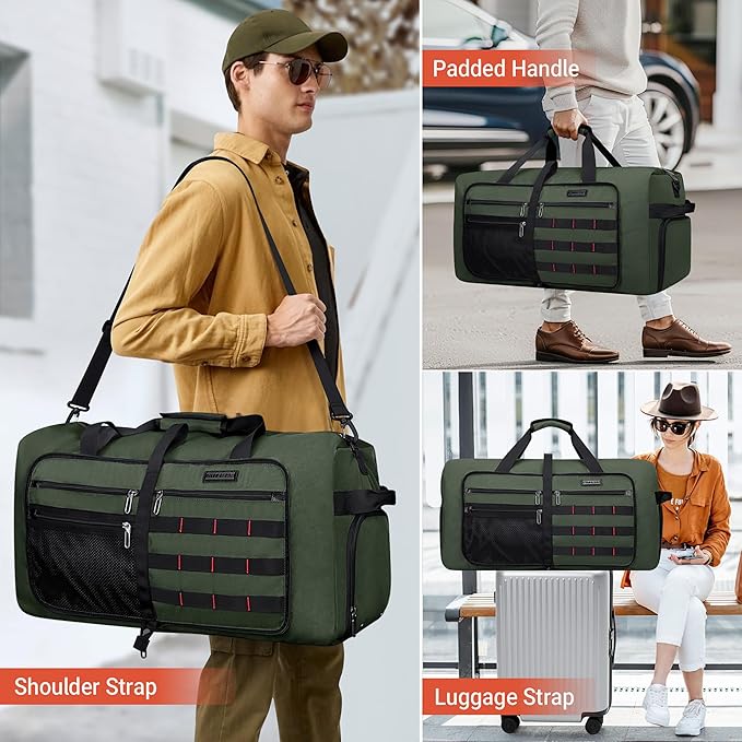 WITZMAN Foldable Duffle Bag for Travel 65L Lightweight Packable Duffel Bag with Shoes Compartment Overnight Bag for Men Women (B697 Army Green）
