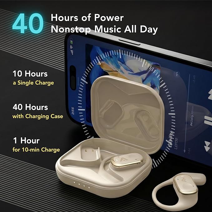 Joy Open-Ear Headphones, Over-Ear, Around-Ear Earhook Wireless Earbuds, Sports Fit for Running & Workouts, ENC Clear Calls, HD Sound, App EQ, Bluetooth 5.4, 40H Battery, IPX4 Sweatproof (Beige)