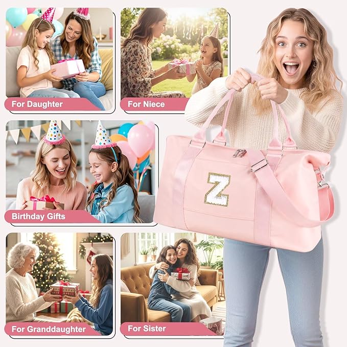 Dance Gym Duffel Bag for Teen Girls, Personalized Initial Travel Weekender Bag,Cute Overnight Carry On Duffle for Women,Sports Travel Cheer Bag,Monogram Christmas Gifts for Tween Preppy(pink-Z)