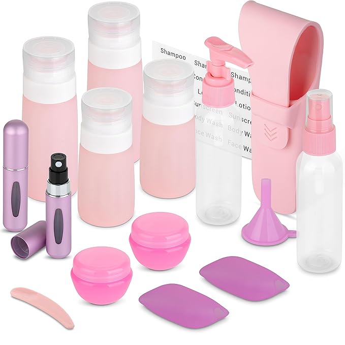 Travel Size Toiletry Bottles, Kit of 16 - TSA Approved Toiletries Essentials for Flying - Must Haves for Women - Silicone Containers, Squeeze Bottles and Accessories for Shampoo, Conditioner, Liquids