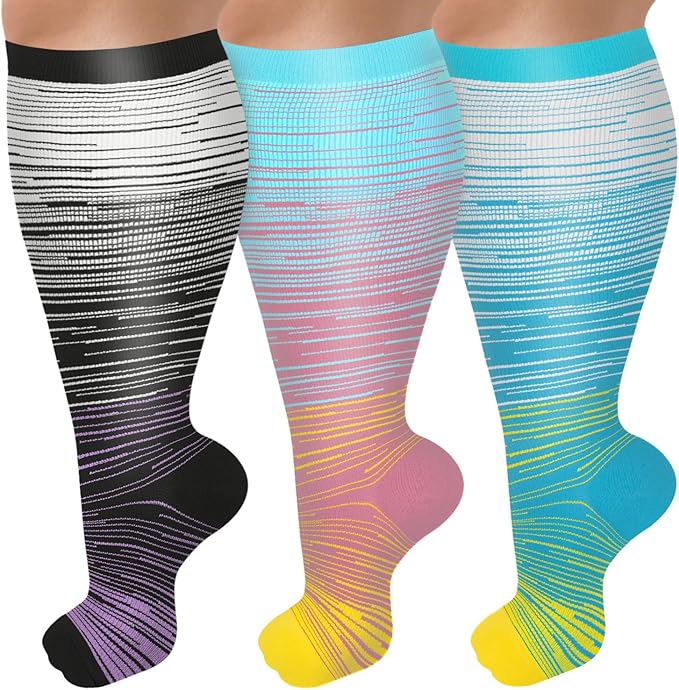 3 Pack Plus Size Compression Socks for Women & Men, Extra Wide Calf Knee High Stockings for Circulation Support