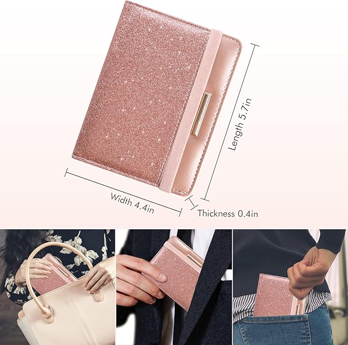Caweet Passport Holder and Vaccine Card Holder Combo RFID Blocking Leather Vaccination Card Wallet with Elastic Band Closure, Glitter Rose Gold