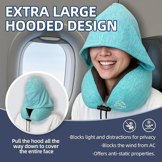 Travel Pillow with Extra Large Hood for Airplane Long Flights Privacy and Comfort Memory Foam with Skin-Friendly Cover for Road Trip Head&Neck Support for Plane Office Cars Sleeping & Rest (Mint Blue)