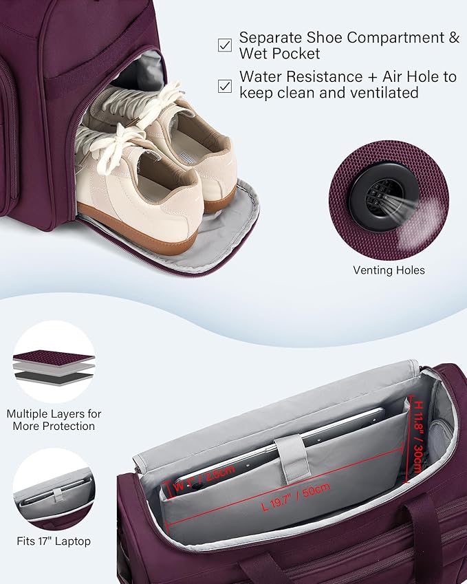 HanTrip Carry on Duffel Bag Foldable Duffle Bags for Travel, Large Personal Item Bags for Airplanes, Weekender Overnight Mens Travel Tote Bag for Women Softside Carry on Luggage (Purple)