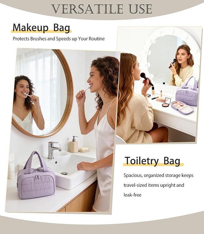 Travel Toiletry Bag for Women, Large Wide-open Puffy Cosmetic Makeup Bag with Wet-Dry Separation, Multi-Pocket Organizer with Carry Handle for Toiletries, Cosmetics, Essentials, Light Purple