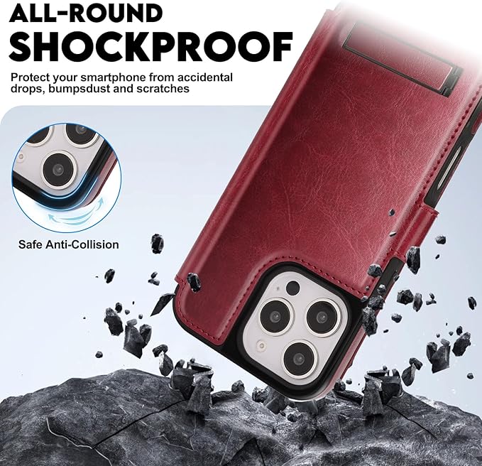 CIVICASE for iPhone 16 Pro Max Wallet Case with Stand,PU Leather Flip Credit Card Holder Slots (RFID Blocking),Compatible with Magsafe Magnetic Holder Phone Cover Women Men,Wine Red