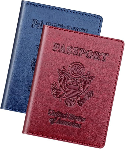 Herain Passport Holder 2Pcs, Passport Cover Wallet Case for Women Men Family, Passports Book Holders Travel Must Haves Cruise Ship Essentials (Dark Blue & Wine red)