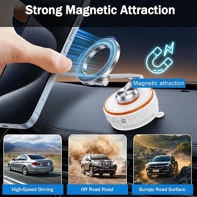 Vacuum Magnetic Car Phone Mount, 120+ LB Vacuum Suction & 3000gf Magnetic Force, 360° Triple-Axis Adjustable Car Holder for iPhone & All Phones, Twist-Lock Suction Cup, Quick-Release – White