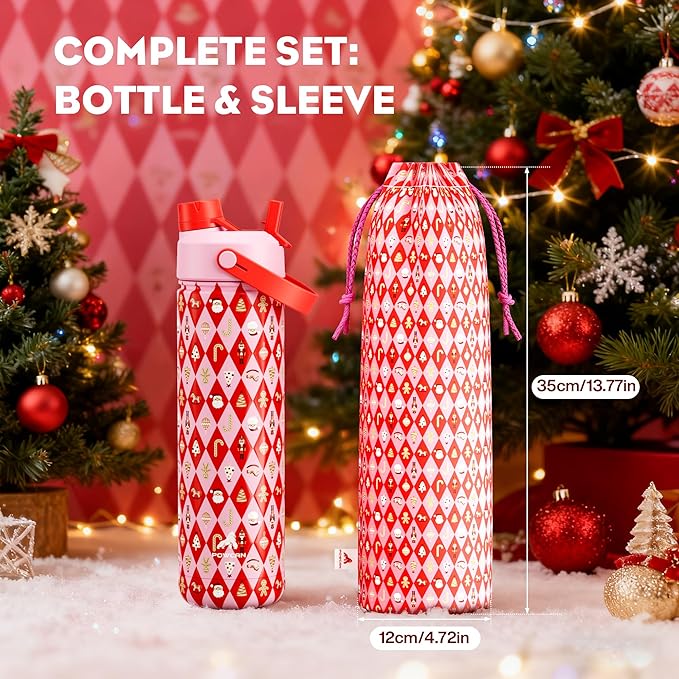 26 oz Christmas Insulated Water Bottle with 2-in-1 Straw and Spout Lid, Keep Cold 24H, Leak-Proof, Fits in Car Cup Holder, Stainless Steel Water Bottle for Gift, Trip, Home (Candy Cane Wishes)