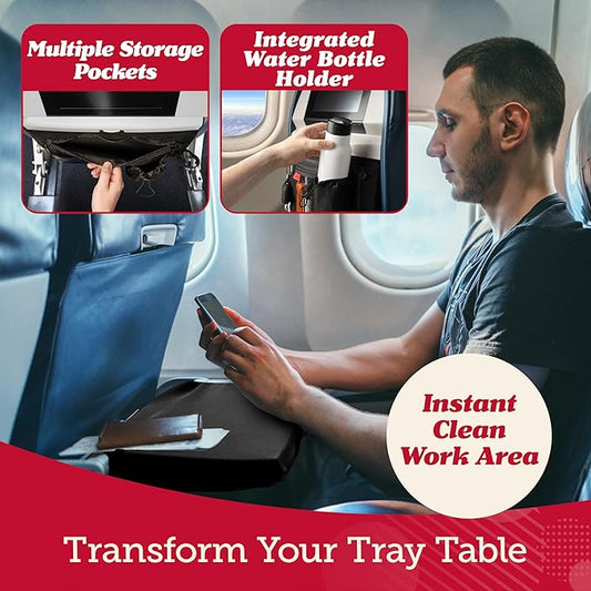 Lusso Gear Premium Black Airplane Tray Table Cover with 5 Compartments - Sanitary, Machine-Washable, Foldable - Black