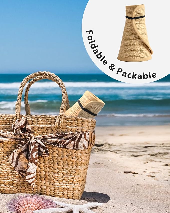 FURTALK Sun Hats for Women Wide Brim Beach Hat Straw Visor Ponytail Summer UV Packable Foldable Beach Vacation Essentials