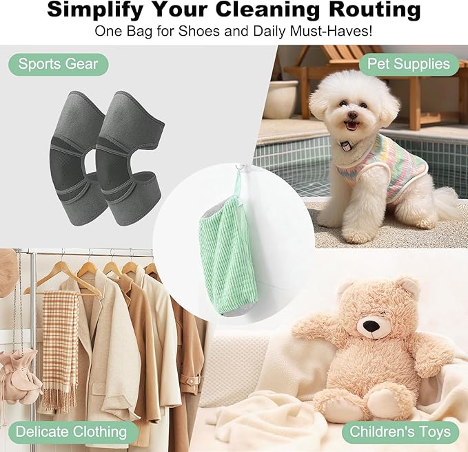 Shoe Washing Machine Bag - Laundry Shoe Bag (2-Pack) Includes 3 Laundry Bags, Reusable, Washer & Dryer Safe, 360° Deep Cleaning for All Shoe Types, Self-Locking Zipper(Green)